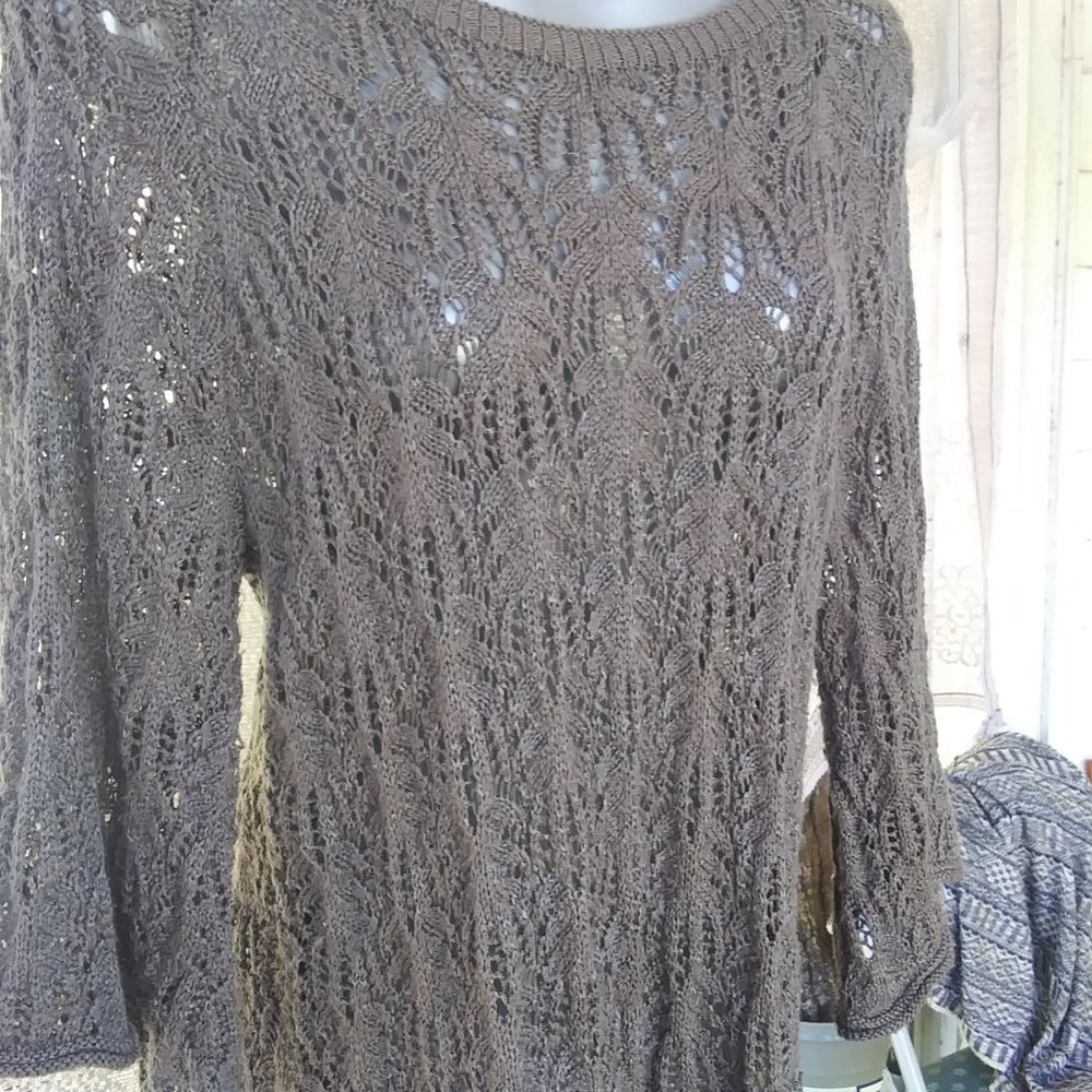 Willi Smith Womens Sweater Top Loose Knit Crochet Brown Taupe Bell Sleeve Size M